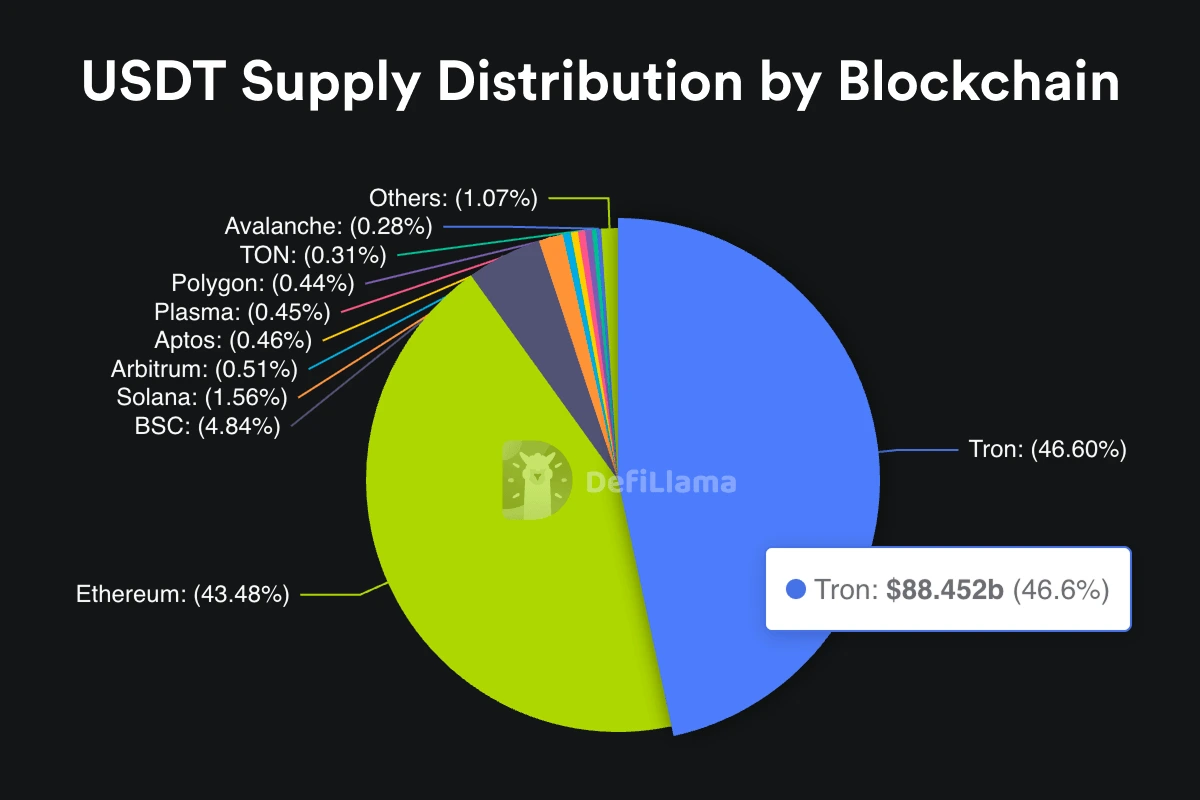 USDT circulating supply by network as of May 2026. Source: DefiLlama