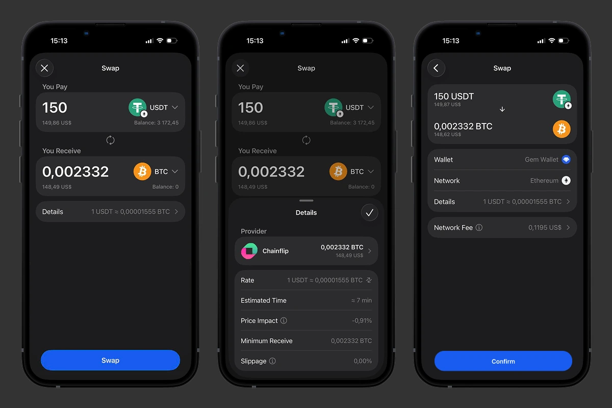 Gem Wallet swap screens with DEX provider quotes and trade details