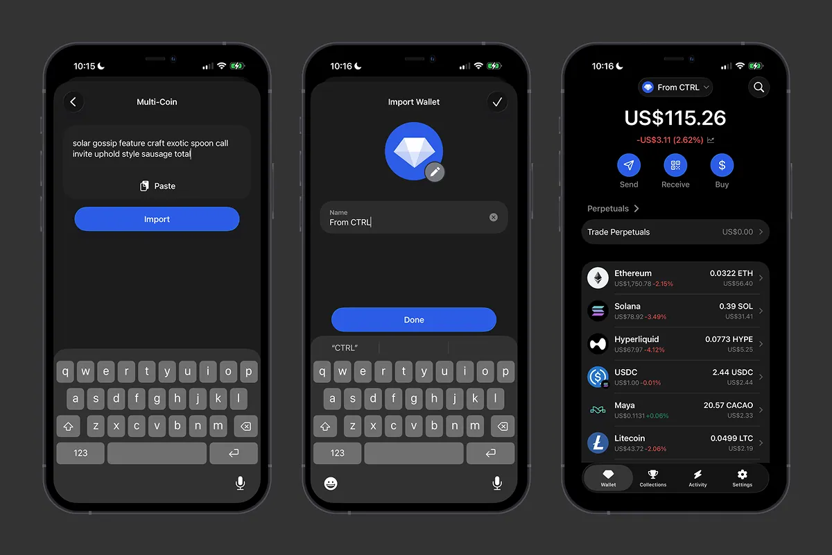 Three Gem Wallet screens: entering the secret phrase, naming the wallet From CTRL, and the asset list after import.