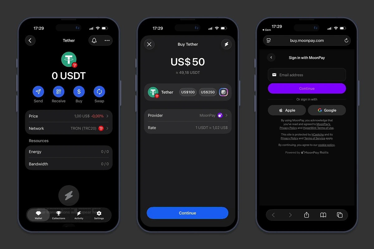 Buying USDT TRC20 in Gem Wallet