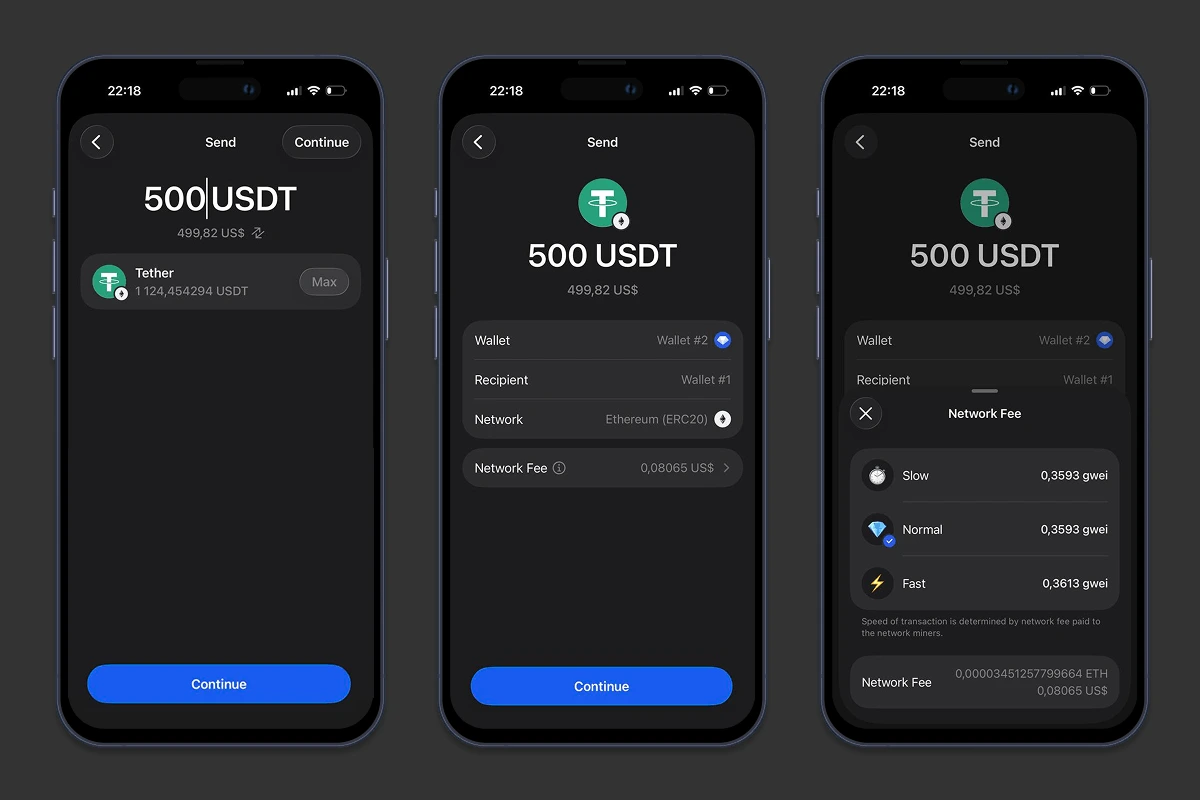Sending USDT in Gem Wallet: amount entry, network and fee selection, fee priority
