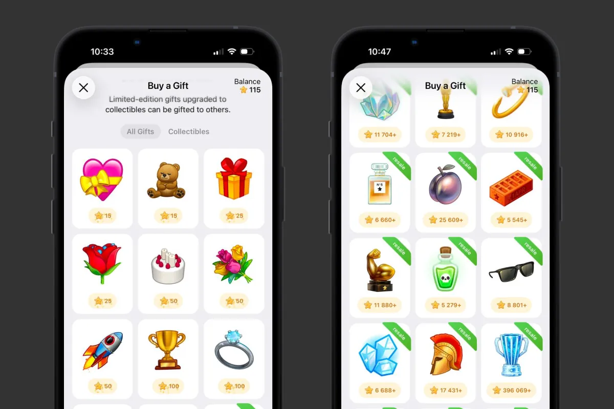 The Telegram gift catalog with standard gifts at a fixed price and collectibles at a resale price