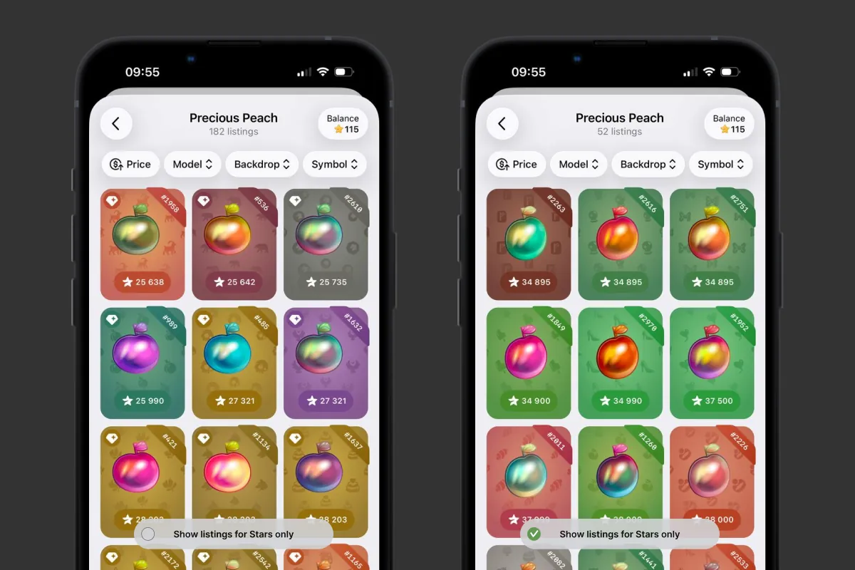 The Precious Peach collection in Telegram with the Show listings for Stars only filter off and on