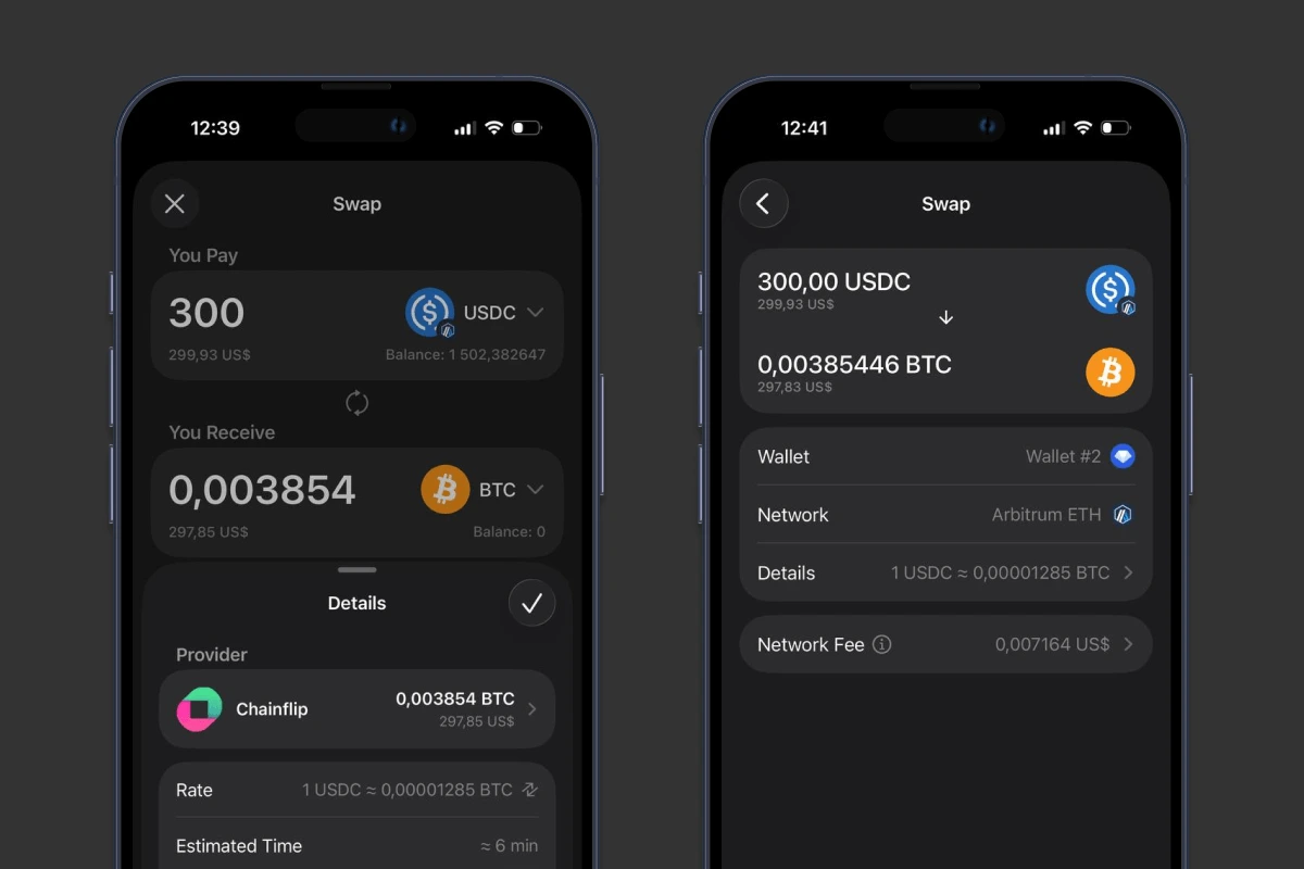Buying Bitcoin with USDC in Gem Wallet
