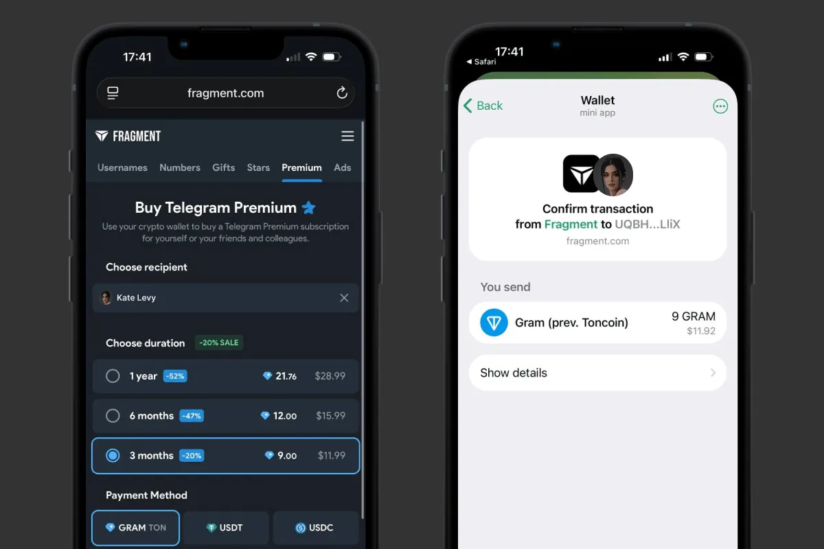 Choosing a plan and Gram payment on Fragment, and confirming the transaction in the Telegram wallet