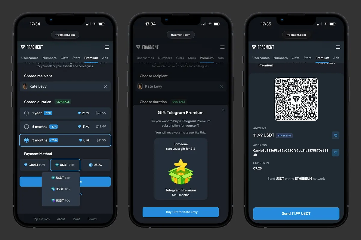 The Telegram Premium purchase window and a USDT invoice on Fragment