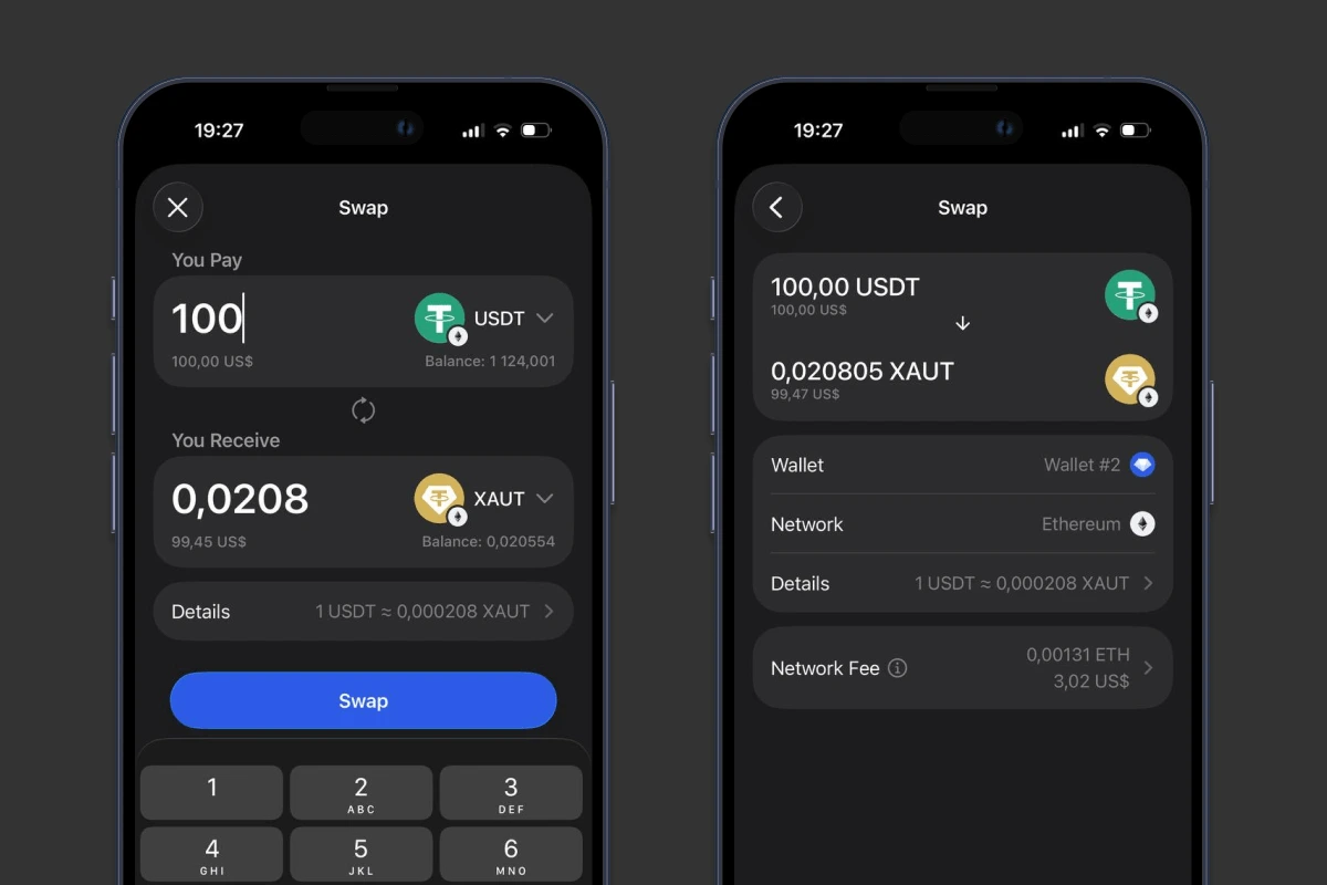 Swap USDT ERC20 for XAUT in Gem Wallet