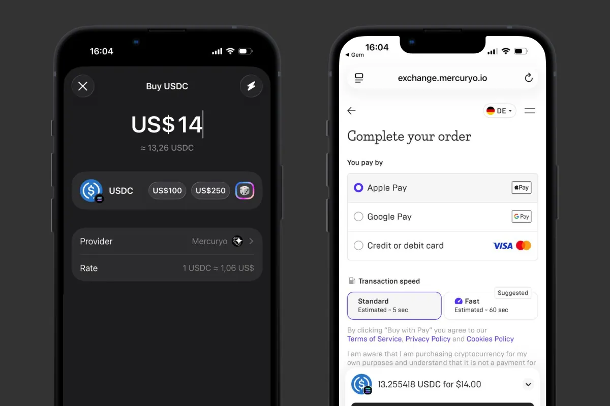 USDC credit-card purchase screen inside Gem Wallet