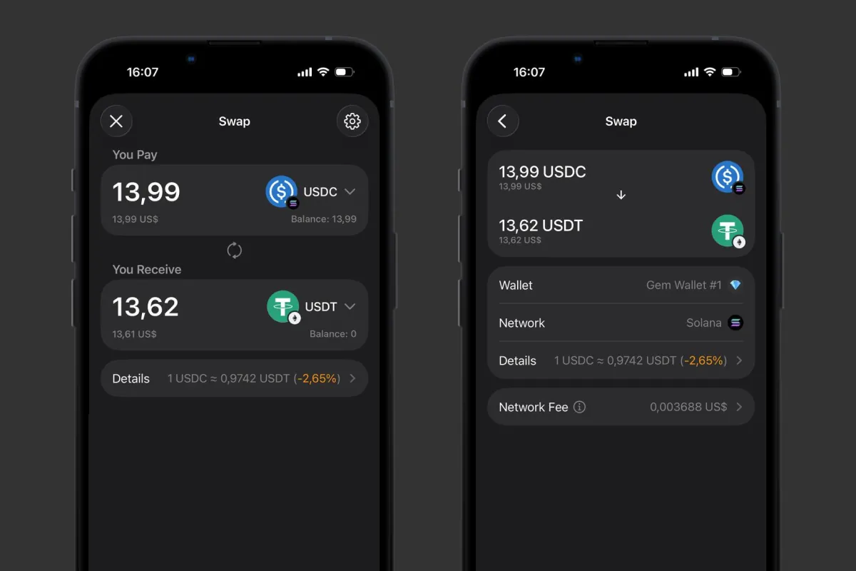 Swapping USDC on Solana for USDT on Ethereum in Gem Wallet