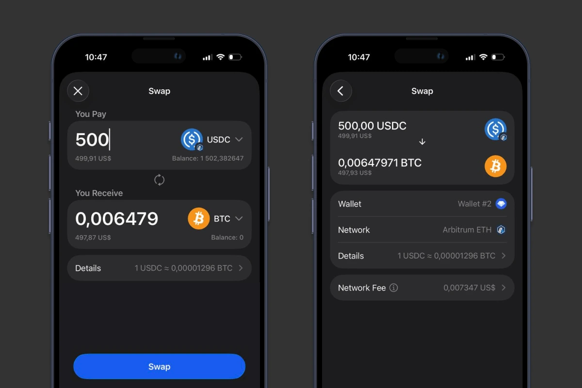 Swap USDC to BTC in Gem Wallet
