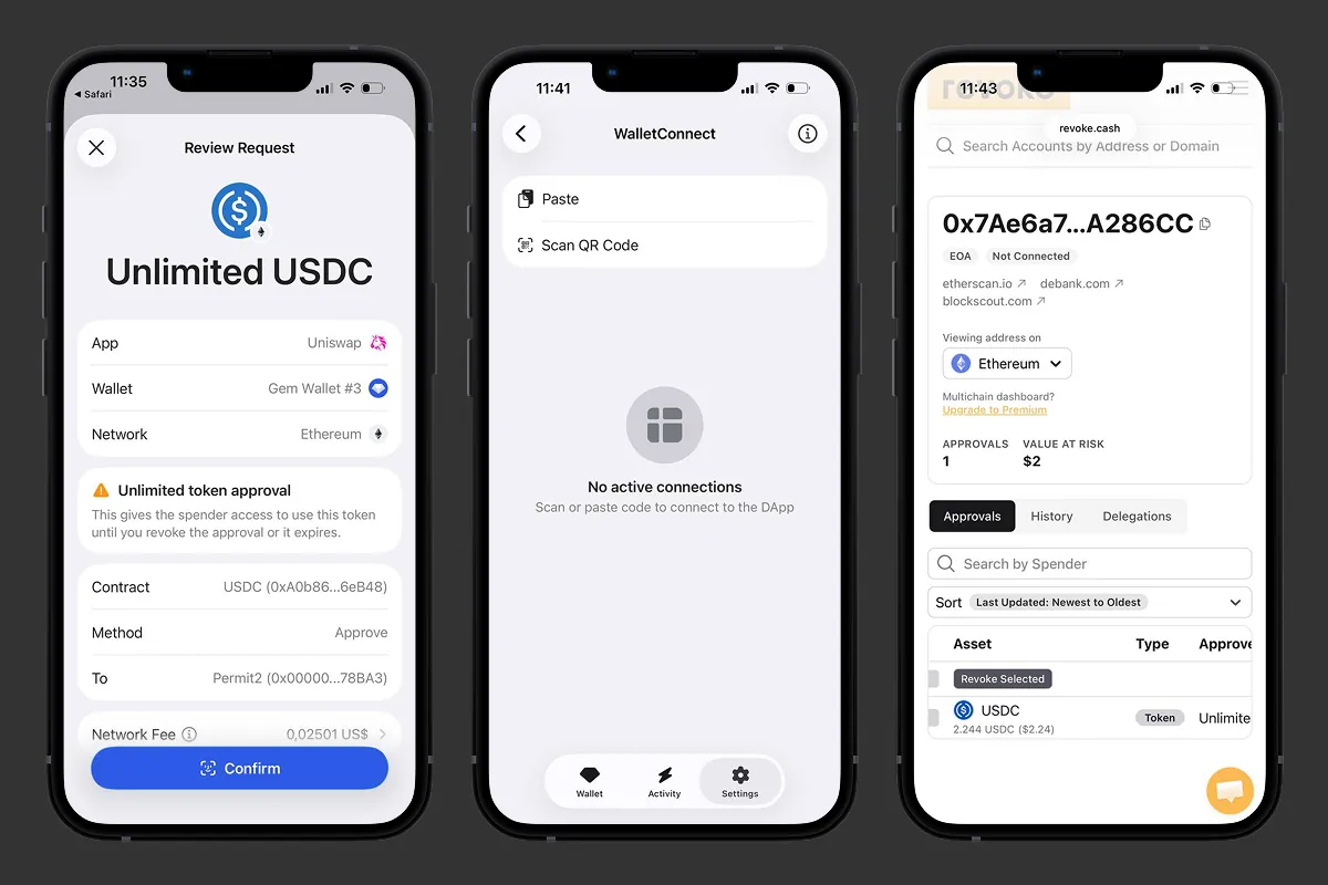 Uniswap requesting unlimited USDC approval, Gem Wallet showing no active WalletConnect sessions, and Revoke.cash still listing one active approval