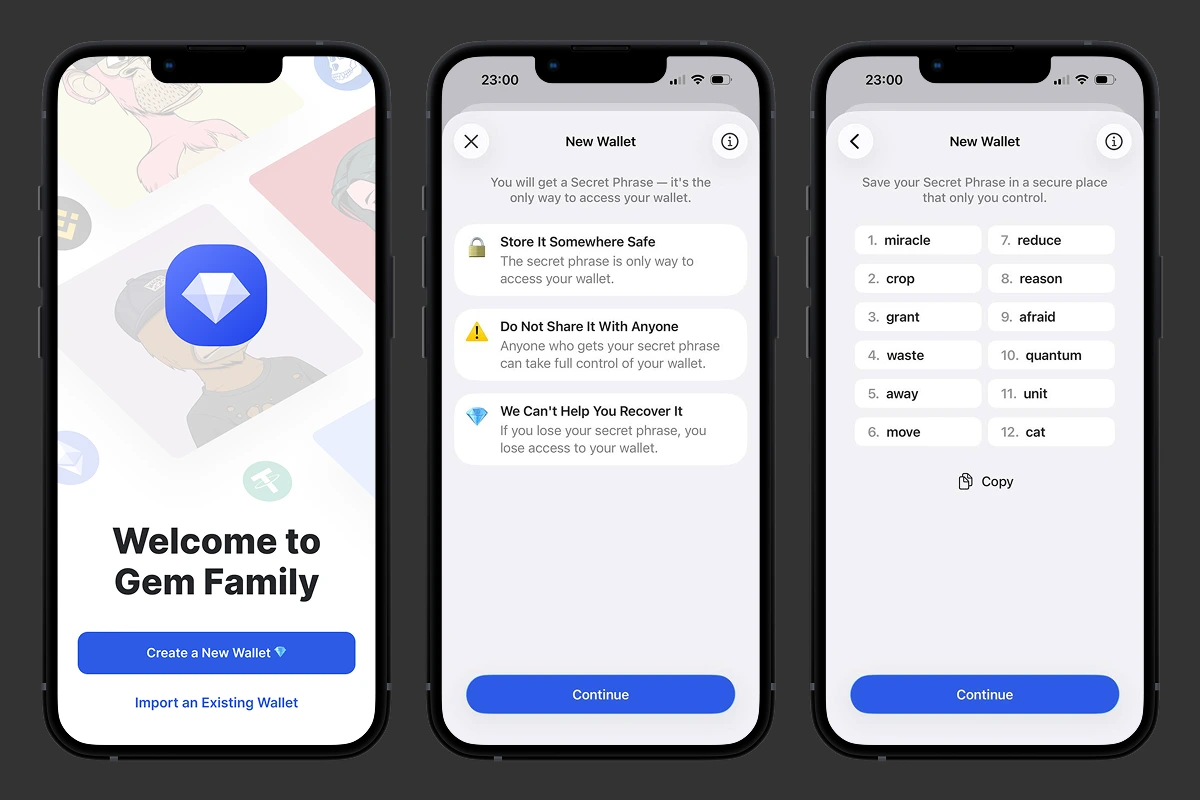 Gem Wallet setup on iOS: secret phrase warning screen and 12-word phrase display
