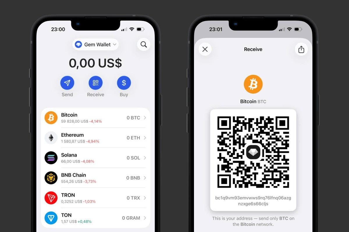 Bitcoin Wallet receive screen in Gem Wallet on iOS - QR code and BTC address generated locally