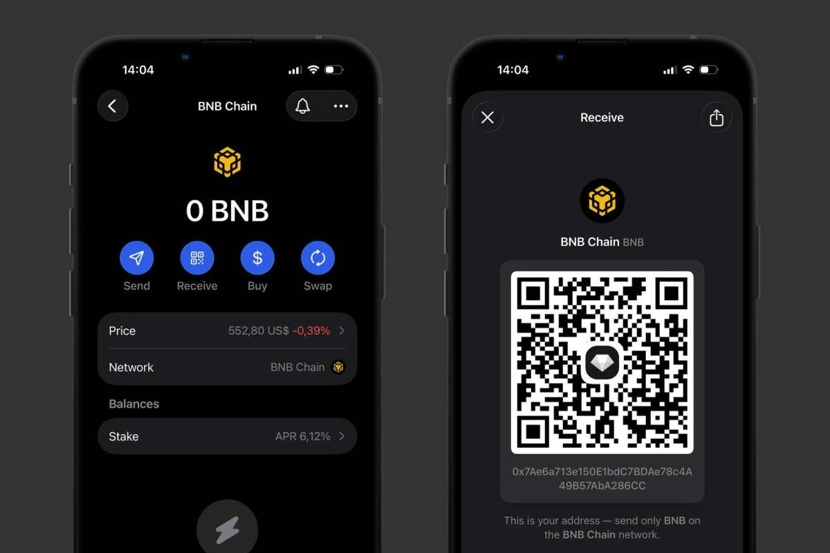 Wallet screen with a zero BNB balance and a Receive screen showing a QR code and address
