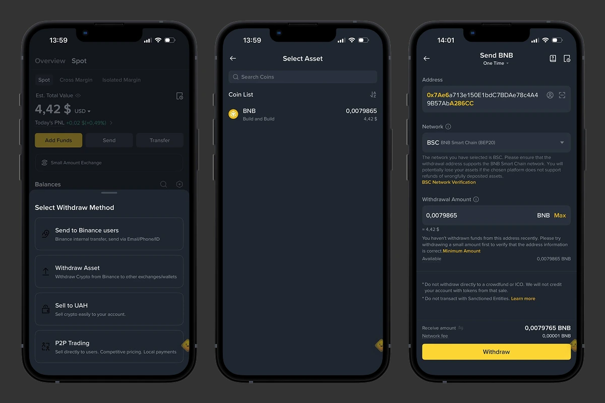 Selecting the Withdraw Asset method, choosing BNB, and entering the address and BEP20 network on Binance