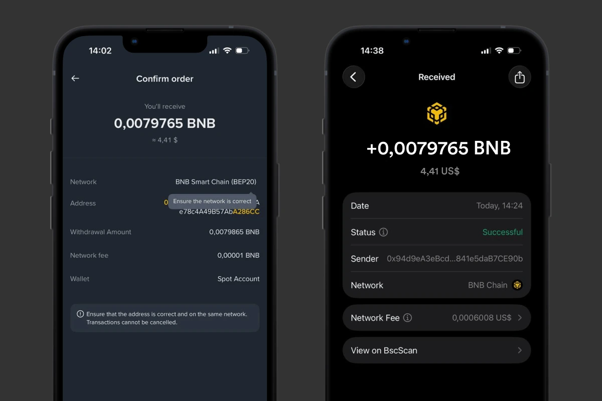 Withdrawal confirmation on the exchange and a successful BNB deposit in the wallet