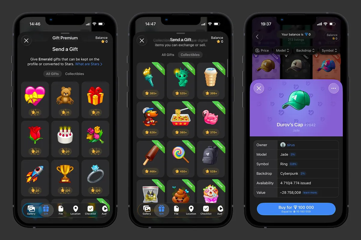 Telegram gifts: standard gifts priced in Stars, the Collectibles tab, and a Durov’s Cap card showing its traits and rarity