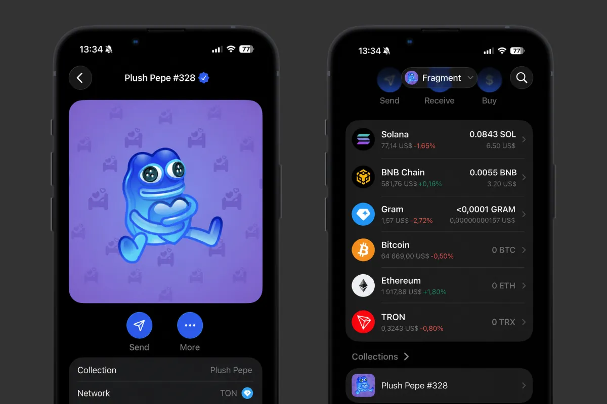 A Telegram NFT gift shown in the Gem Wallet app: TON network, the Gram token, and the Collections tab