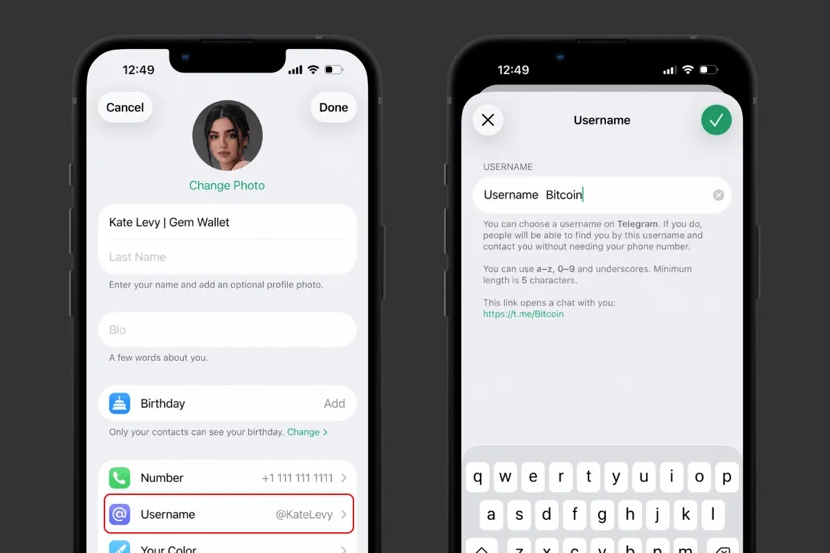 Telegram profile settings with the Username field and the username entry screen