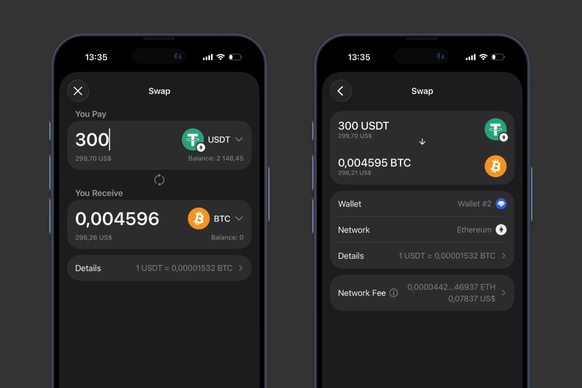 Gem Wallet swap screen converting USDT on Ethereum to BTC