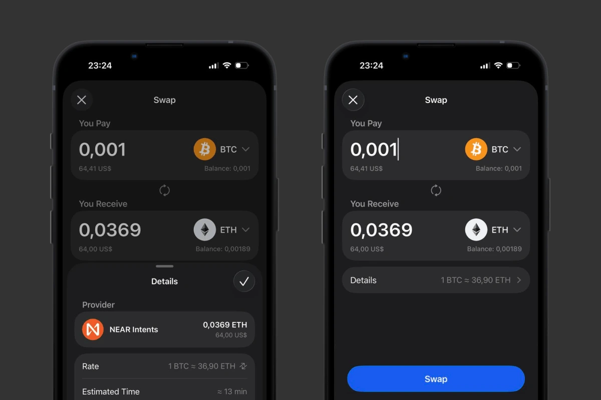 Gem Wallet screen swapping Bitcoin for Ethereum through its built-in DEX aggregator