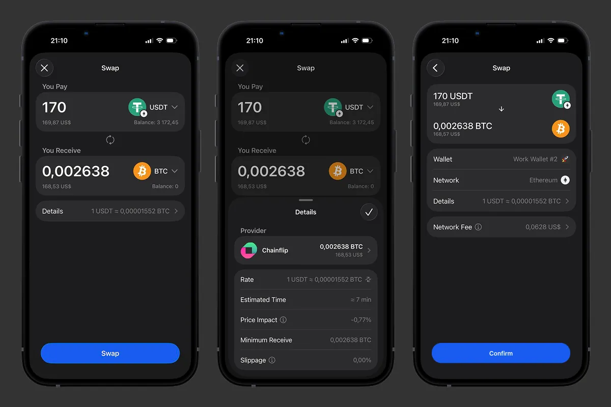 Swapping USDT ERC20 for BTC in Gem Wallet with the rate and fee shown
